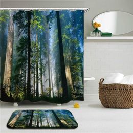 Shower Curtains 2Pcs/Set Forest Country Landscape Curtain Set Bathroom Waterproof Cloth Non-slip Mat Rug Toilet Decor