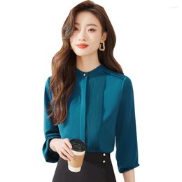 Women's Blouses Blue Professional Pullover Shirt Women 2023 Spring O Neck Long Sleeve Slim Formal Office Ladies Work Tops White