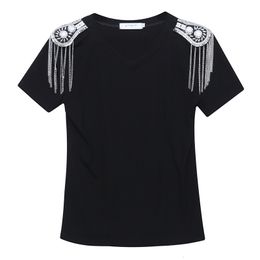Women's T-Shirt Street Style Black V-Neck T-Shirt Women Summer Short Sleeve Tassel Epaulettes Personality Tees Fashion Slim Tops 6605 230314