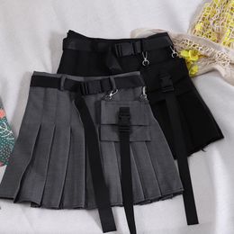 Skirts With Belt Pocket Pleated Skirt 2023 Japanese Spring Summer Women A-Line Short Female High Waist Black Overalls Mini