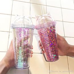 New Cat Ear Flashing Double Cup Kids Baby Cartoon Cute Creative Sequins Plastic Tumbler with Straws Juice Wine Glass 3 StyleA03