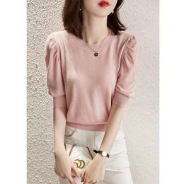 Women's T-Shirt Women's Cotton T-Shirt Casual Solid Colour Knit Sweater Short Sleeve Ladies Tops Puff Sleeve Round Neck Tees blouse 230314