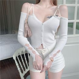 Women's T Shirts Sexy Club Top For Women Shirt Wear 2023 Autumn Hollow Out V-Neck Off-shoulder Short Long Sleeved Knit Sling Crop Black