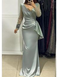 Party Dresses Trumpet/Mermaid Glamorous Pure Color Evening Prom Pearls V-Neck Ruffle Floor-Length Long Sleeves Silk Lace Ladies