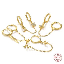 Charm Aide 925 Sterling Silver Double Hole Link Chain Circle Hoop Earrings Zircon Moon Star Lightning Pendant Huggie Piercing Earring AA230311