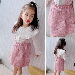 Clothing Sets Girls Spring Autumn Clothes Set Sweet Lace Collar White Blouses Strap Dress Baby Girl Children Birthday Party Holiday Wear