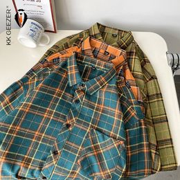 Men's Casual Shirts Men Shirt Plaid Flannel Long Sleeve Plus Size Loose Hip Hop Street Mens Casual Shirt Oversized Male Soft Dress Shirt Dropshippig 230313