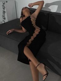 Party Dresses Cryptographic Sexy Bandage Backless Slip Midi Dress Summer Outfits for Women Party Club Black Bodycon Dresses Vestido Clothes L230313