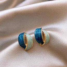 Stud Earrings Korean Double Arc Cross Enamel Earring For Women Personality Contrast Colour Blue Geometric Jewellery Party Pendientes