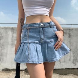 Women's Shorts Harajuku Punk Y2K Denim Mini Pleated Skirt Ladies Summer Retro High Waist Jeans Ruffles Fashion Korean 230314