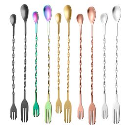 Stainless steel double heads spoon forks titanium -plated long handle stirring spoons ice cocktail bartender bar spoon fruit forks 26cm 32cm multi-colors