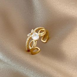 Wedding Rings Luxury Gold Color Double Zirconia Bow For Woman Vintage Sexy Open Ring Party Fashion Elegant Jewelry Gifts