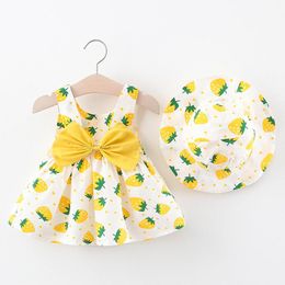 Girl Dresses Girl's 2PCS Baby Summer Clothes Dress Set Cute Bow Fruit Sleeveless Cotton Infant Princess Little Beach Sunhat