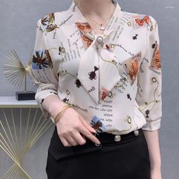 Women's Blouses Temperament Print Lacing Chiffon Shirts Three-quarter Sleeve Loose Plus Size Tops Versatile Fashion Casual Women Clothes