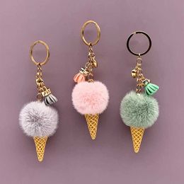 Keychains New Creative Ice Cream Pendant Cute Cartoon Plush Bags Hang Car Key Chain Ring Jewelry Gifts L230314