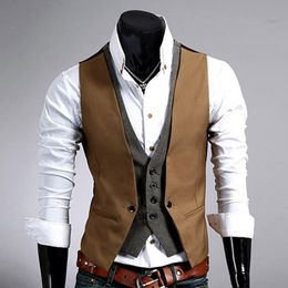 Mens Vests Men Formal Waistcoat Vest Business Solid Colour Single Button Vest gilet Fake Twopieces V Neck Casual Slim chalecos para hombre 230313