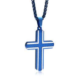 Simple Cross Necklade Pendant For Women Mens Blue Stainless Steel Religious Cross Necklace Braided Chain 3mm 24inch Christmas Gifts