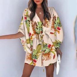 Casual Dresses Fashion Batwing Sleeve Print Lace Up Mini Dress for Women Sexy VNeck Loose Boho Holiday Short Woman Summer 230313
