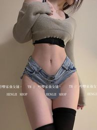 Women's Shorts Fashion Korean Women Cosplay Hem Fairy Sexy Super Short Hollowed Out Hip Bar Nightclub Denim U061