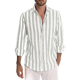 Men's Casual Shirts Summer Mens Striped Shirts Casual Linen Buckle Lapel Long Sleeve Shirts Streetwear Turn Down Collar Shirts Camisa Masculina 230314