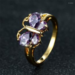 Wedding Rings Luxury Female Crystal Butterfly Thin Ring Charm Gold Color Engagement Dainty Purple Zircon Stone For Women