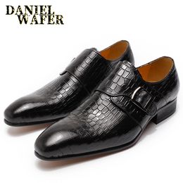 Classic Mens Dress Shoes Genuine Leather Buckle Monk Strap Pointed Toe Wedding Shoes Crocodile Pattern Business Formal Shoes Men