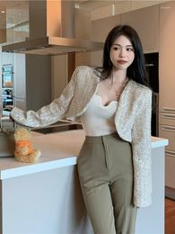 Women's Jackets Korean Style Loose Sequins Jacket Women 2023 Autumn Woman Long Sleeve Gold Short Coat Cardigan