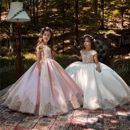 Girl Dresses Vintage Pink/Ivory Princess Flower Gold Lace Appliqued Wedding Party Gown Kids Birthday