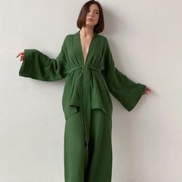 Women's Sleepwear 100% Cotton Women's Nightgown Robe Pyjama Sets Flare Solid Trouser Suits Drop Sleeves Set Woman 2 Pieces Bathrobe For Autumn 230314