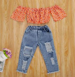 Sommer Kleinkind Designer Kleidungsstücke Kinder Baby-Mädchen Kleidung von Schulter orange Blumendruck Tops T-Shirt Jeanshose Outfits 2pcs