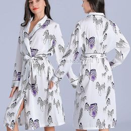 Women's Sleepwear Print Zebra Women Satin Robe With Belt Sexy Kimono Bathrobe Gown Loose Nightwear Loungewear Turn-down Collar NightgownWome