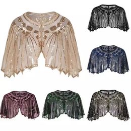 Shawls Vintage 1920s Flapper Shawl Sequin Beaded Short Cape Beaded Decoration Gatsby Party Mesh Short Cover Up Dress Accessory 230314
