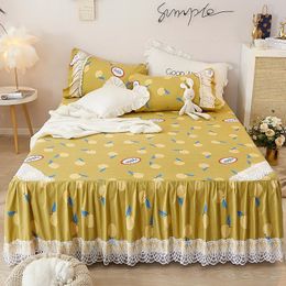 Bed Skirt Korean Pastoral Style Floral Bed Skirts Princess Style Lace Lotus Leaf Bedspread Bed Cover Skirts For Girls Non-Slip Sheets 230314