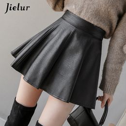 Skirts Jielur PU Pleated Autumn Women Solid Colour Leather Winter Womens Slim High Waist Saia Faldas Chic Zipper Mini 230313