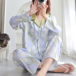 Women's Sleepwear Silk Pyjamas Women's Long Sleeve Trousers Two Piece Ice Silk Pyjamas Fashion Silk Ladies Loose Casual Luxury Ladies Homewear 230314