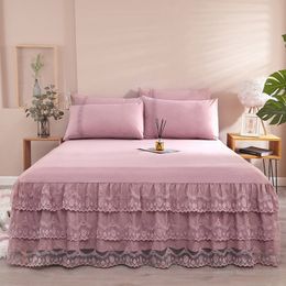 Bed Skirt Three-layer solid Colour lace bed skirt princess lace European style bedspread ruffle bed mattress non-slip bed skirt pillowcase 230314