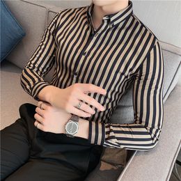 Men s Casual Shirts Masculina Spring Dress Vertical Stripe Streetwear Slim Long Sleeve Chemise Homme Tuxedo 230313