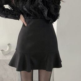 Skirts LJSXLS Spring Autumn Ruffles Slender A line Mini Solid England Black Womens Korean Fashion Woman Clothing 230314