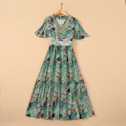 Summer Short Sleeve Mid-Calf Dress V Neck Green Floral Print Chiffon Beading Panelled Elegant Casual Dresses 22Q151632 Plus Size XXL