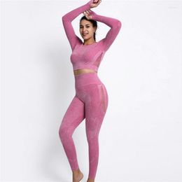 Active Sets 2023 Autumn/Winter Pink Frosted Tracksuit Women Sports Set Seamless Yoga Suit Crop Top Running Tights Leggings Gym Clothing