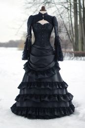 Wedding Victorian Vintage Gothic Black Bustle Historical Medieval Bridal Gowns High Neck Long Sleeves Corset Winter Cosplay Masquerade Dresses