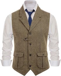 Mens Vests Mens Casual Suit Vest Notch Lapel with Two Pockets Herringbone Waistcoat for Wedding Groomsmen Men Vest 230313