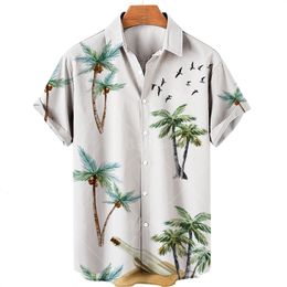 Men's Casual Shirts Coconut Tree Summer Men's Hawaiian Shirt Short Sleeve Lapel Single Button Print Shirt Fashion Casual Beach Top 230314