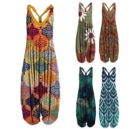 Women's Jumpsuits Rompers Vintage Womens Summer Playsuit Romper Jumpsuit Ladies Sleeveless Casual Floral Print Elegant High Waist Jumpsuits 230313