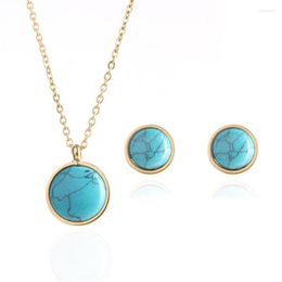 Necklace Earrings Set FYSL Gold Color Stainless Steel Round Green Turquoises Stone Pendant Stud Trendy Jewelry