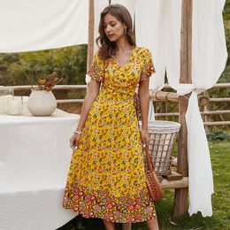 Party Dresses Summer Vintage Yellow Floral Print V-neck Sashes Long Dress Women Short Sleeve Boho Cotton Casual Slim Holiday Maxi Dresses 230314