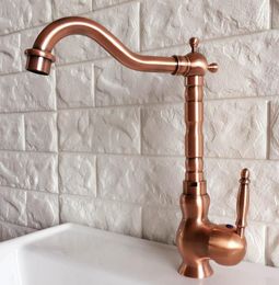 Kitchen Faucets Swivel Spout Water Tap Antique Red Copper Single Handle Hole Sink & Bathroom Faucet Basin Mixer Anf407