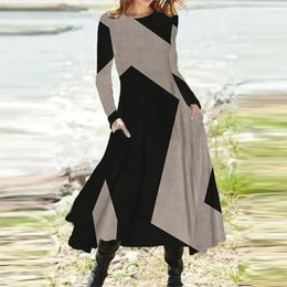 Casual Dresses Retro Women Geometry Print Irregular Dress Spring Autumn O-neck Pocket Big Swing Midi Ladies Long Sleeve Sundress