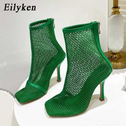 Sandal New Design Green Black Square Toe Mesh Stretch Fabric Sock Boots Fashion Sexy High Heels Sandals Shoes 230302