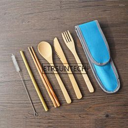 Dinnerware Sets 100sets Bamboo Cutlery Set Reusable Picnic Outdoor Flatware Travel Utensils Straw Spoon Knife Fork Brush